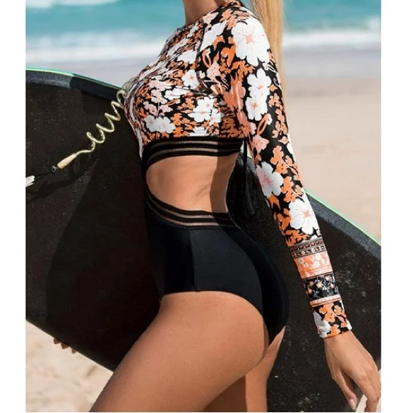 ATTRACO Long Sleeve Cutout Rashguard One-Piece Swimsuit Small - Picture 1 of 9